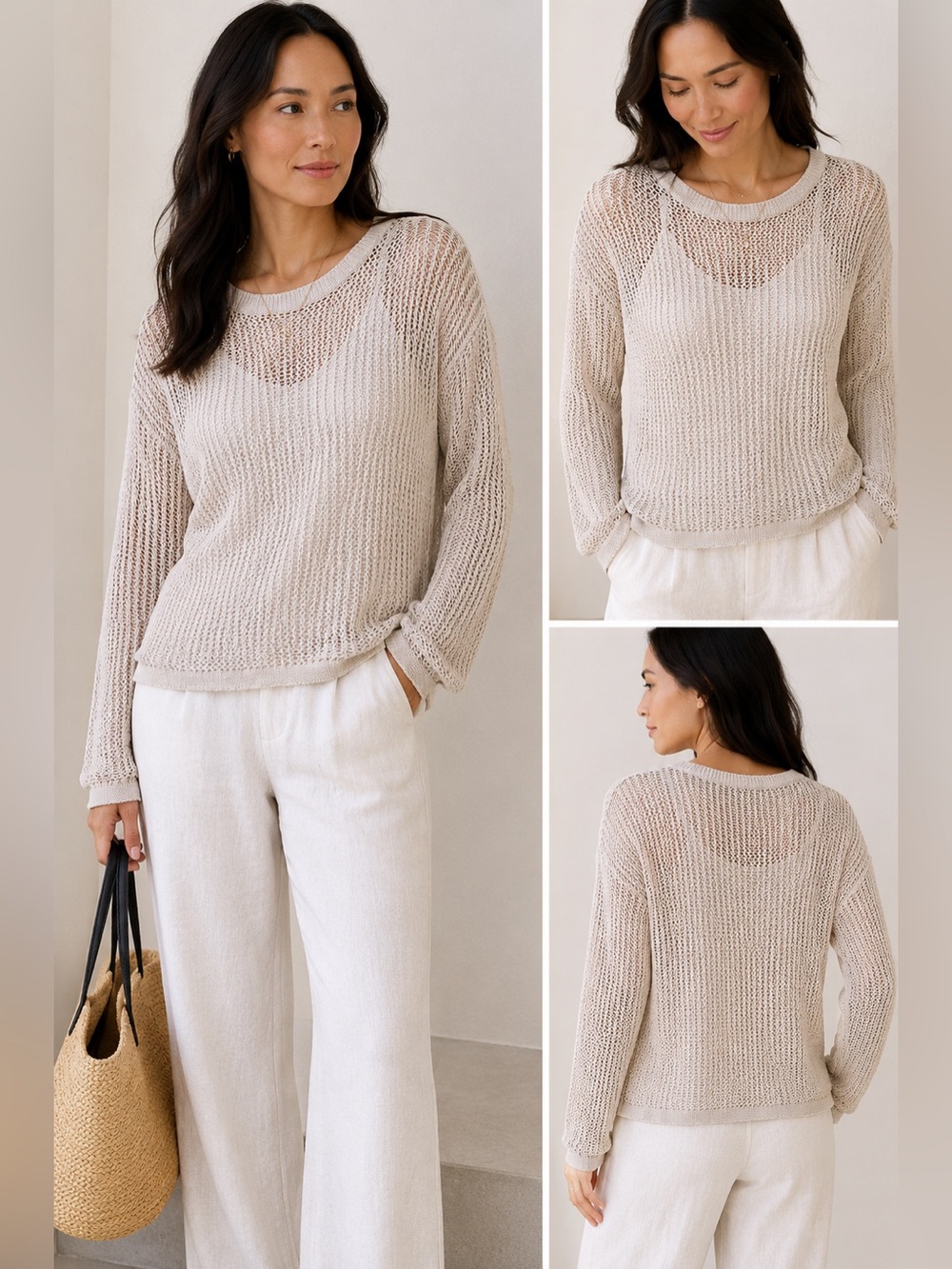 Eileen Fisher Organic Linen Cotton Open Knit Sweater Beige L